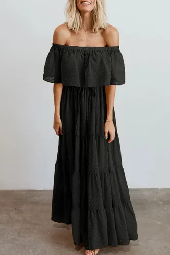 Maxi Vestido Largo Negro Campesino Olanes Pompon Casual Polk