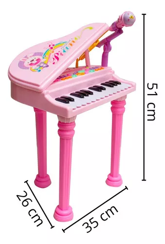 Piano Infantil Musical Microfone E Banquinho Função Gravação Cor Rosa Pilha