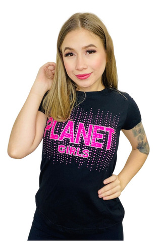 Camiseta Preta Estampa Rosa Planet Girls
