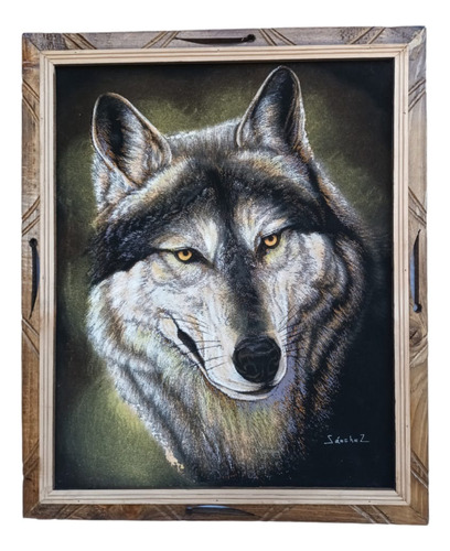 Cuadro De Cara De Lobo Pintado Al Oleo 48cm X 58 Cm.