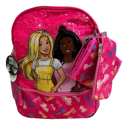 Mochila Barbie Mattel Primaria 5 Piezas Back Pack Color Rosa Chicle Diseño De La Tela Barbie Lentejuelas