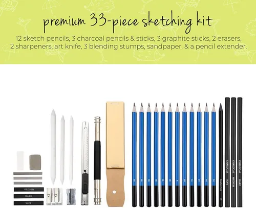Kit De Boceto Premium 33 Piezas Lápices Carbón Sacapuntas Bo