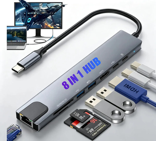 Hub USB Tipo C 8 en 1 Multipuerto Hub Puertos con 4K HDMI, Usb 3.0, Carga PD 100W y 100Mbps Ethernet RJ45 Para Portatil Laptop MacBook, iPad y Windows JEEYEE, Compatible Con Tarjetas De Memoria SD/TF Plateado