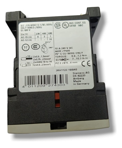 Siemens 3rh1122-1bb40 Contactor Auxiliar