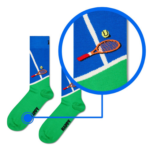 Calcetines Happy Socks Originales Tenis Unisex Raqueta Multicolor Estampado 26 - 30 Cm