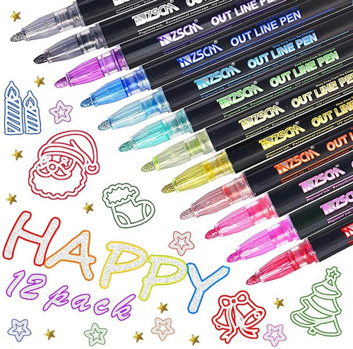 12 Colores Doodle Dazzle Marcadores, Contorno Metálico Rotul