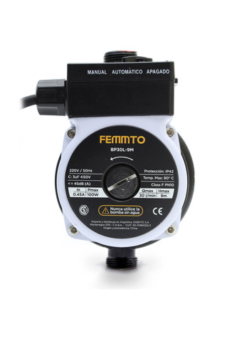 Imagen 2 de 5 de Bomba Presurizadora Centrifuga Femmto Elevadora Altura Presion 9 Metros Agua Negro Bp30l-9m Automatico O Manual 100w 2 Baños