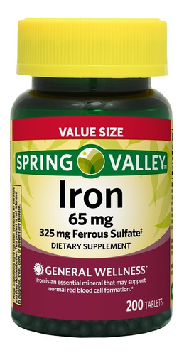 Spring Valley Iron 65mg  (hierro) 325mg 200 Tabletas 