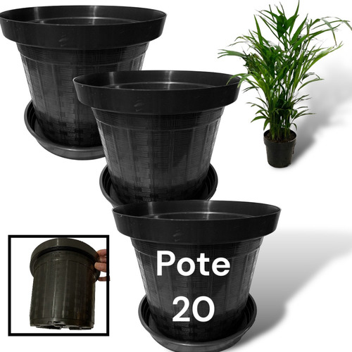 3 Vasos Pote 20 + 3 Prato 17cm Para Flores Planta E Orquídea