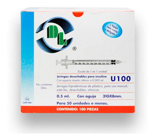 Jeringa Para Insulina 0.5ml Aguja 31x8, Caja Con 100 Piezas