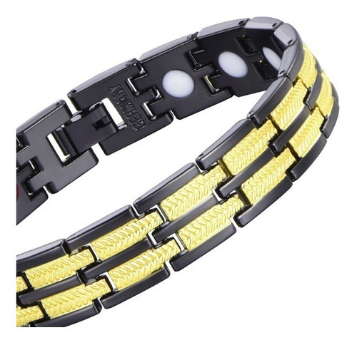 Pulseira Magnética Anti-stress Aço Inox Preto Dourado Unisex