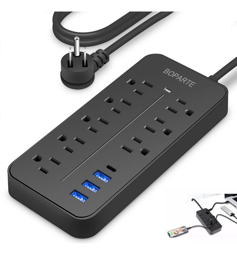 Multicontacto De 8 Tomas Con Usb Color Negro Largo Del Cable De 2m 10a