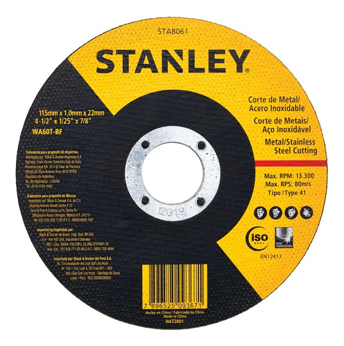 Disco De Corte Abrasivo- Metal/inox 4 1/2x1,0mmx 7/8 Stanley