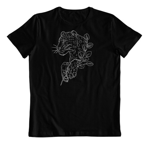 Polera Negra Algodon Estampado Dtf Jaguar Arte Mandalas