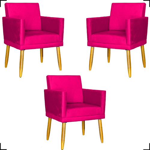 Kit 3 Poltronas Decorativas Para Recepção De Consultório Cor Pink Desenho Do Tecido Suede Liso