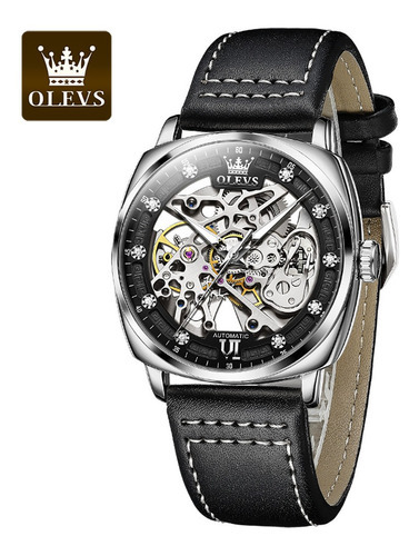 Olevs Leather Hollow Out Reloj Mecánico Para Hombre Color Del Bisel Silver Black