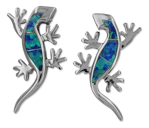 Aretes De Plata Esterlina Con Ópalo Azul Sintético Y Lagarto