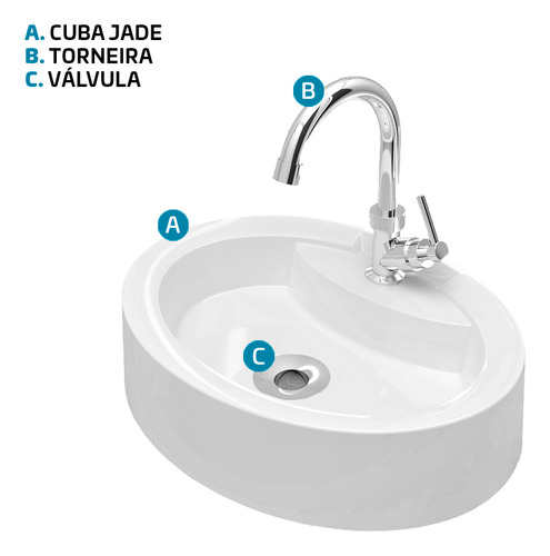 Cuba Pia de Apoio Oval 44x34cm Jade para Banheiro com Torneira e Válvula Cromada Beltempo
