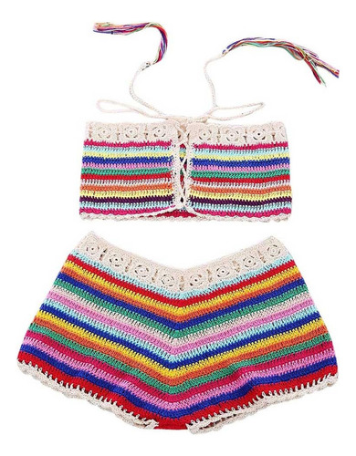 Bikini De Punto Para Mujer, Color Arcoíris, Bandeau Y Pantal