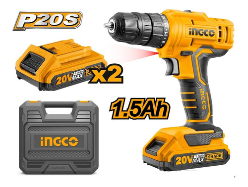 Taladro Atornillador 20 V Ingco Con 2 Baterías Torque 45 Nm Color Amarillo