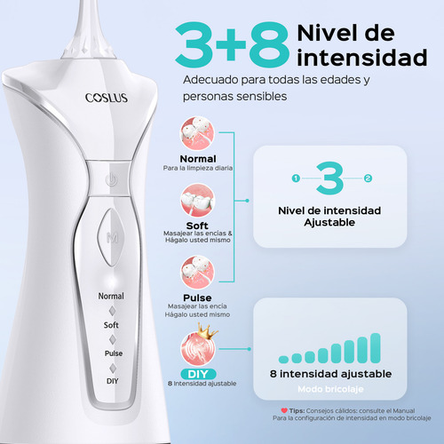 COSLUS Irrigador Bucal, Irrigador Dental Profesional con 4 Boquillas, 4 Modos, Tanque de Agua de 300 Ml, IPX7 Impermeable, Limpiador Bucal Recargable Portátil,water flosser Adecuado para viajes a casa