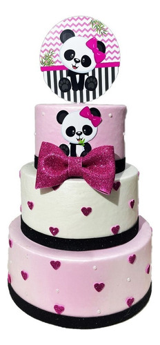 Bolo Fake Maquete Panda / Pandinha Rosa 3 Topo Andares Com