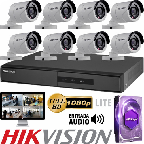 Kit Seguridad Hikvision Full Hd Dvr 8 + Disco 1 Tb Instalado + 8 Camaras Infrarrojas Exterior / Domos Interior + Ip M3k