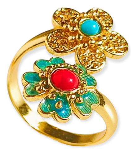 Anillo Ajustable Chapado En Oro 18k Turmalina Roja Vintage