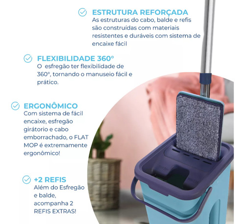 Mop Flat Rodo Giratório 360 Com Balde Lava E Seca C/ 2 Refis