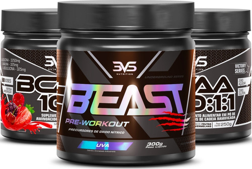 Kit 2un Bcaa 10:1:1 Concentrado 250g + Pré Treino Beast 300g Sabor Frutos Vermelhos