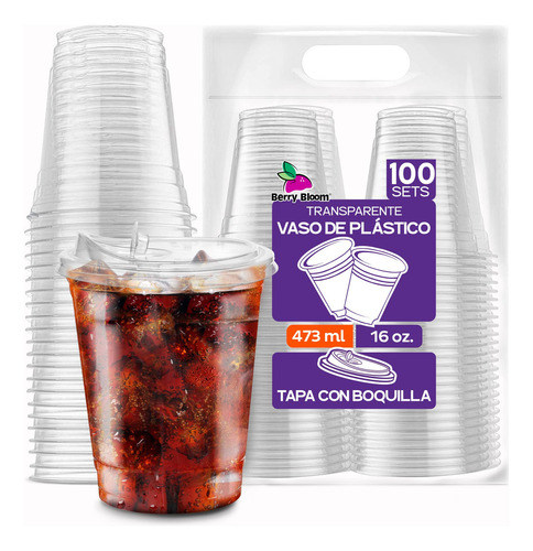 Berry Bloom 100 Vasos De Plástico De 16 Oz 473 Ml Con Tapa Con Boquilla Transparentes Resistentes Vasos Perfectos Para Llevar Bebidas Frías Desechables Transparente