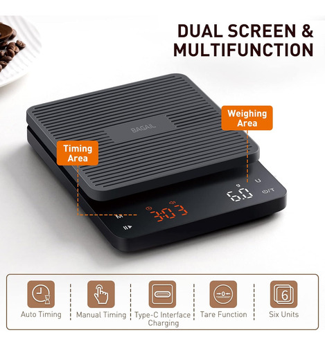 Báscula De Café Bagail Basics Con Temporizador, 0,1g De A...