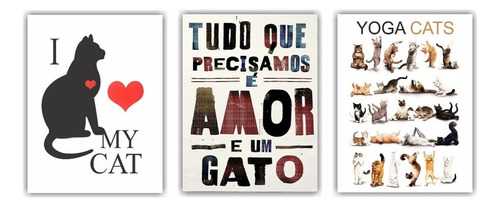 Kit Quadro Decorativo Para Quarto Sala Trio Gatos Gatinhos Gato