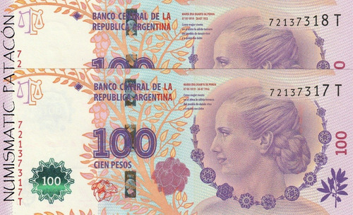 2 Billetes 100 Pesos Evita Perón T Correlativos Sin Circular