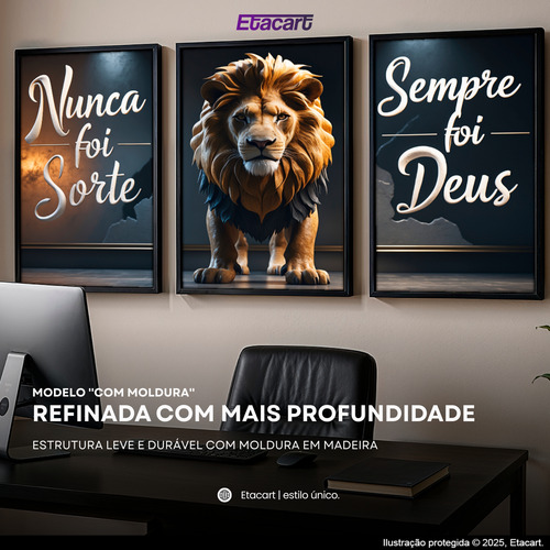 Quadros Decorativo Leão Imponente E Mensagem De Fé Sala 120x60 Com Moldura