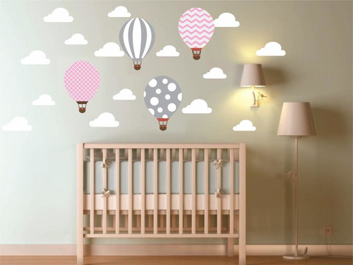 Adesivo Parede Infantil Balões Nuvens Rosa Cinza Tons Pastel