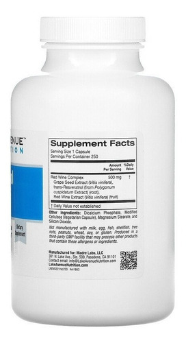 Imagem 2 de 4 de Resveratrol Complex, 500 Mg, Importado - 250 Caps