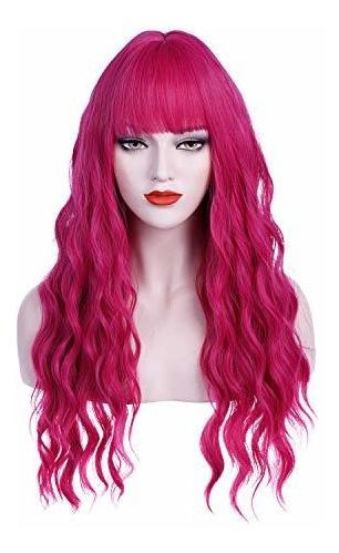 Peluca - Incohair 27 Inches Hot Pink Wig With Bangs Long Cur