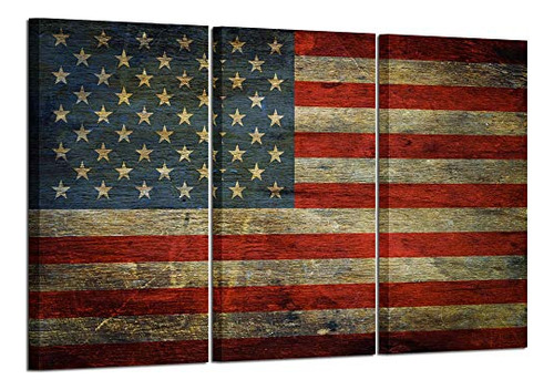 - 3 Panel Retro America Flag Canvas Wall Art Honored Na...