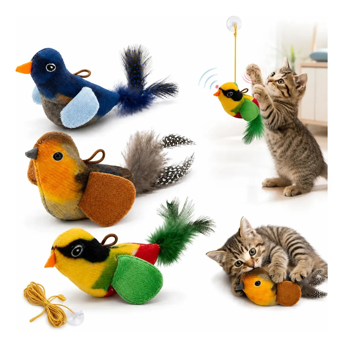 Kit 3 Brinquedos Interativos Pássaro Com Som E Catnip Gatos Azul E Verde E Marrom
