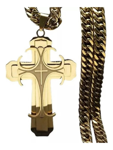 Colar Crucifixo Grande De Aço Inoxidável Banhado A Ouro