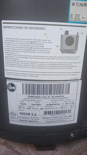 Termotanque Rheem Gas Tgnp150rh Iram Eficiencia A+ Muy Buen Gris Oscuro (Usado)