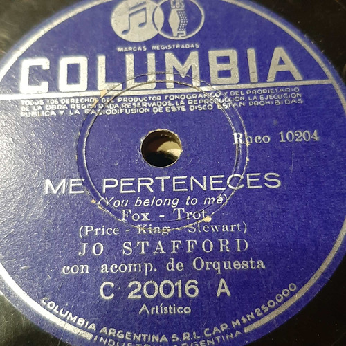 Pasta Jo Stafford Acomp Orquesta Columbia C257