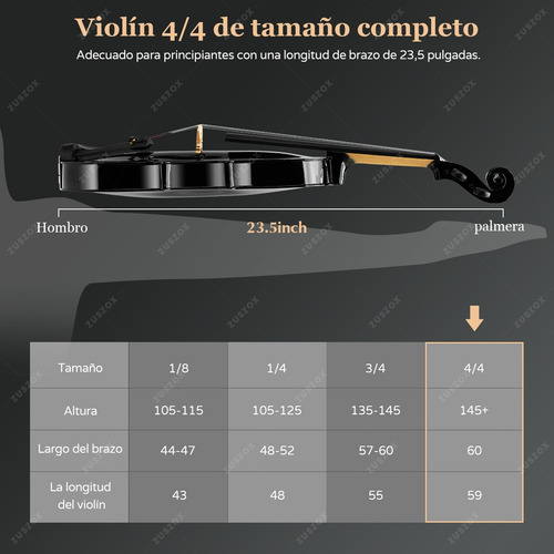 Violin Acustico Profesional 4/4 Con Estuche Zuszox, Set De Violín Para Principiantes, Adultos Y Estudiantes Con Resina, Hombrera, Arco, Afinador Y Pegatinas Para Diapasón