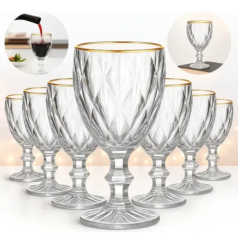 Jogo 6 Taças Diamante Luxo 330ml Copo Diamond Borda Dourada Vidro / Borda Dourada