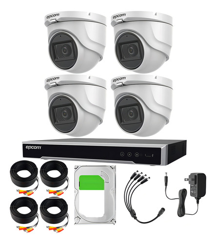 Epcom Kit De 4 Camaras De Seguridad Metalicas Con Microfono Domo 5mp Protección Ip67 Para Uso Exterior + Dvr 4ch Turbohd Con Detección De Movimiento Y Salida De Alarma +3tb Hdd