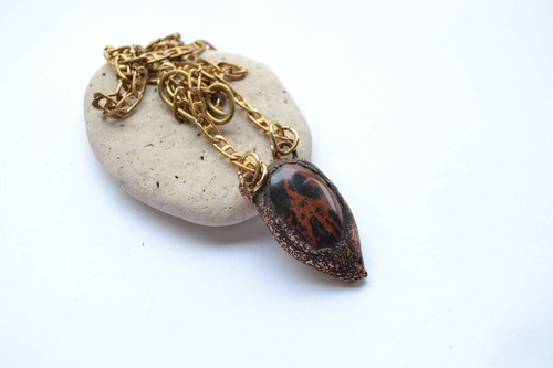 Imagen 2 de 5 de Collar Obsidiana Caoba, Piedra Preciosa, Cadena Bronce, Cod1