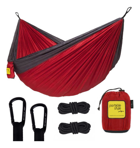 Rede De Camping Hamaca Portátil Dupla C/corda Portable Style Cor Vermelho - Cinza