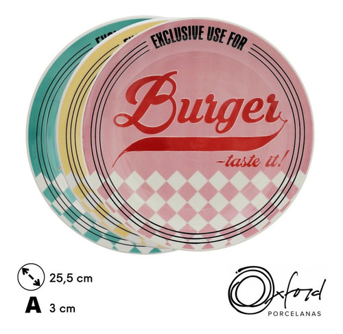 3 Pratos Jantar Burger Retro Coloridos Cerâmica Oxford