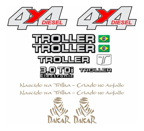 Kit Adesivos Emblema Troller T4 4x4 Diesel 3.0 Tdi 2006 Completo Carro Verde Tlr062